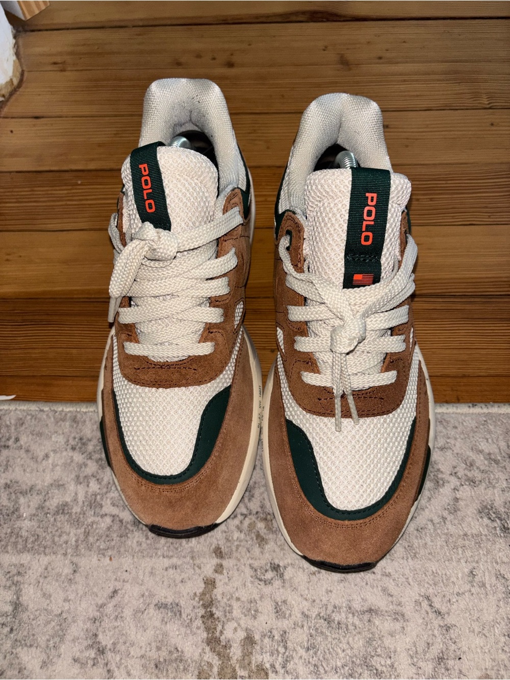 Polo Ralph Lauren Men’s Jogger Suede & Mesh Sneakers Tan Cream & Green Sz 8